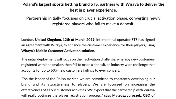  Poland’s largest sports betting brand STS, partners with Wiraya to deliver the best in player experience