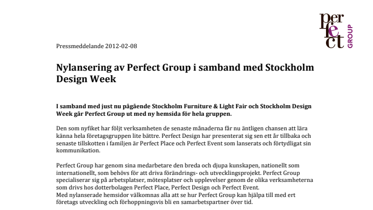Nylansering av Perfect Group i samband med Stockholm Design Week