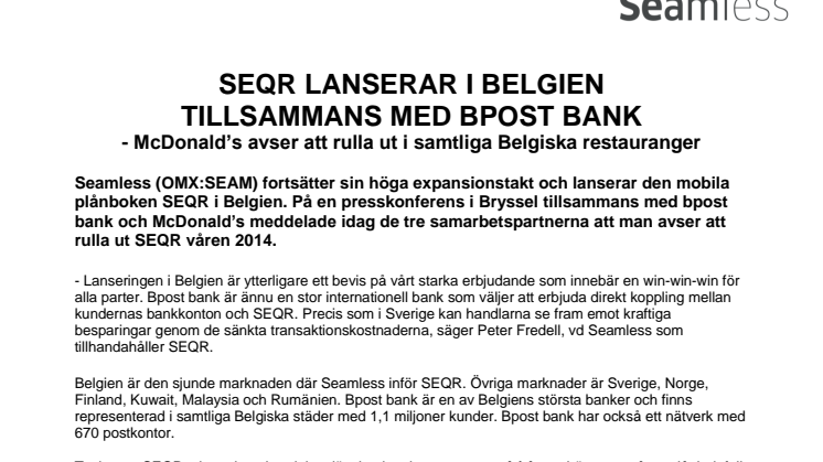 Seqr lanserar i Belgien tillsammans med bpost bank- Mcdonald's avser att rulla ut i samtliga Belgiska restauranger