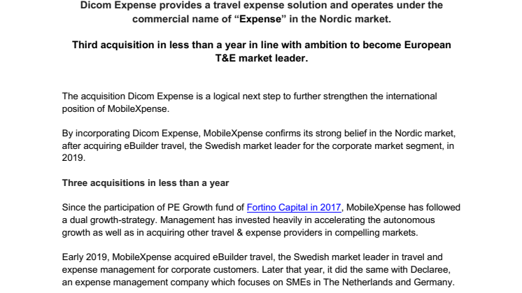 MobileXpense acquires Stockholm based Dicom Expense AB