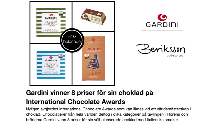 Gardini vinner åtta priser för sin choklad på International Chocolate Awards