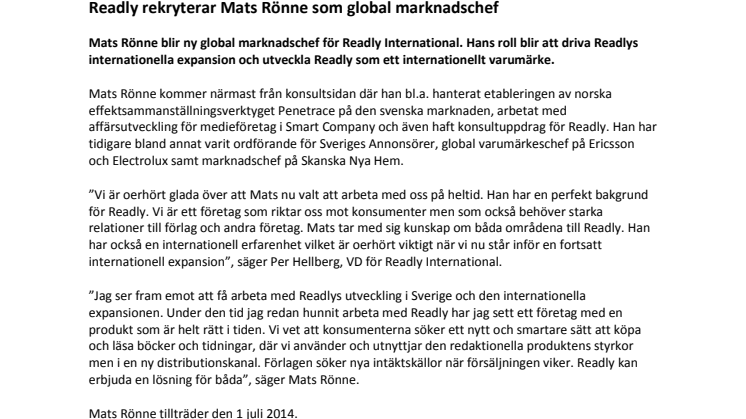 Readly rekryterar Mats Rönne som global marknadschef