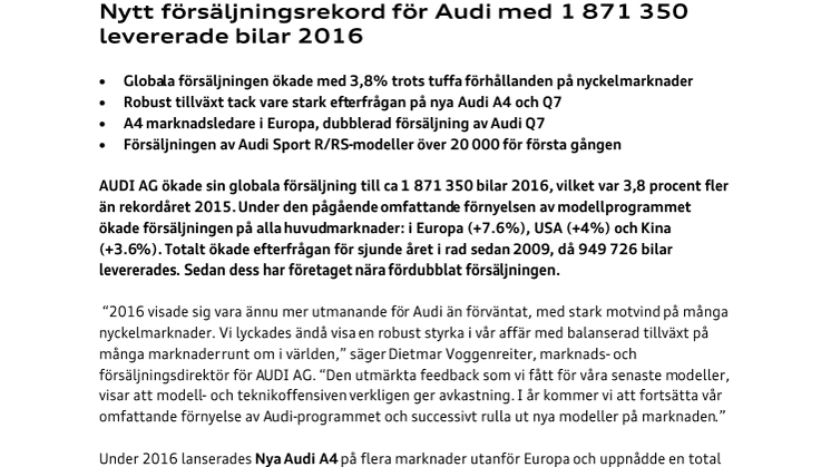 Nytt försäljningsrekord för Audi med 1 871 350 levererade bilar 2016