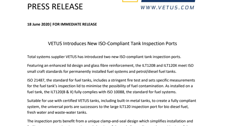 VETUS Introduces New ISO-Compliant Tank Inspection Ports