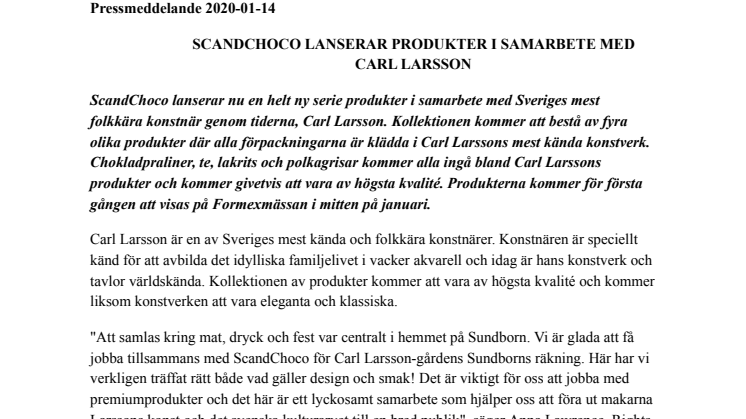 SCANDCHOCO LANSERAR PRODUKTER I SAMARBETE MED CARL LARSSON