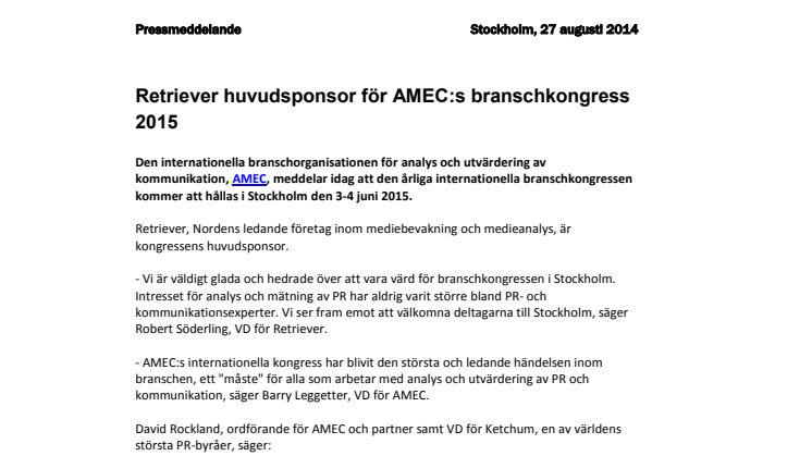 Retriever huvudsponsor för AMEC:s branschkongress 2015 