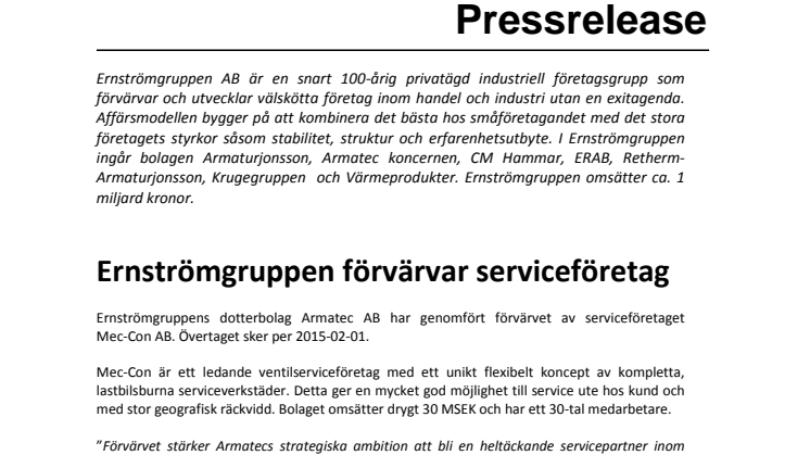 Ernströmgruppen förvärvar servicebolag