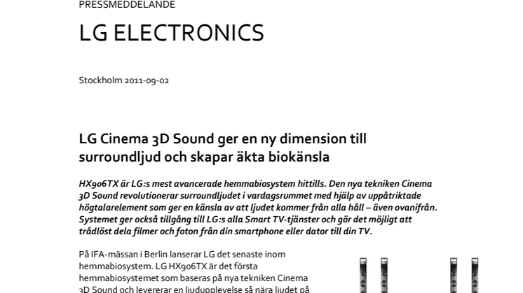 LG Cinema 3D Sound ger en ny dimension till surroundljud och skapar äkta biokänsla 