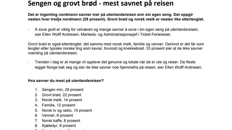 Sengen og grovt brød - mest savnet på reisen