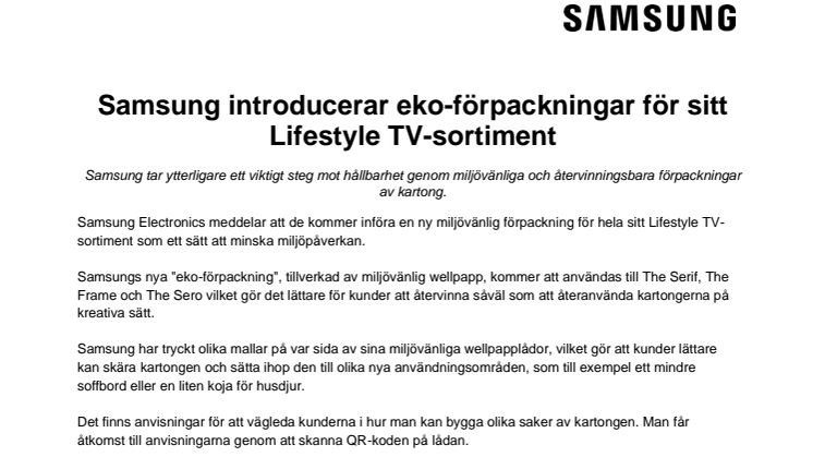 Samsung introducerar eko-förpackningar för sitt Lifestyle TV-sortiment