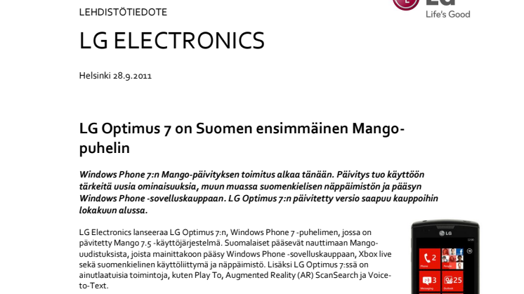 LG Optimus 7 on Suomen ensimmäinen Mango-puhelin