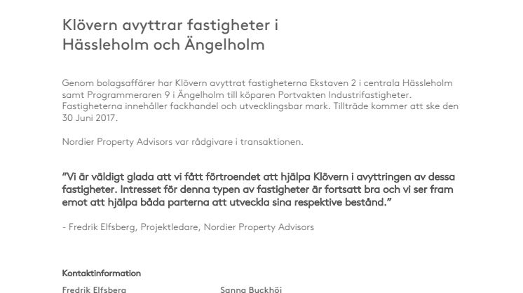 Klövern avyttrar fastigheter i Hässleholm och Ängelholm