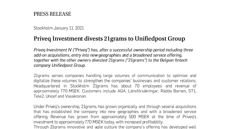 Priveq Investment divests 21grams to Unifiedpost Group