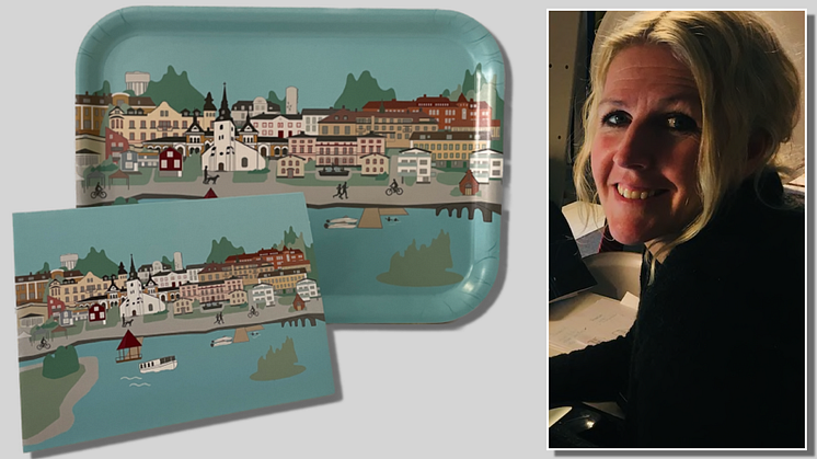 Pernilla Eriksson har skapat LindeDagens vinjettbild av sjöstaden Lindesberg som blivit frukostbricka och nu även kort med kuvert.