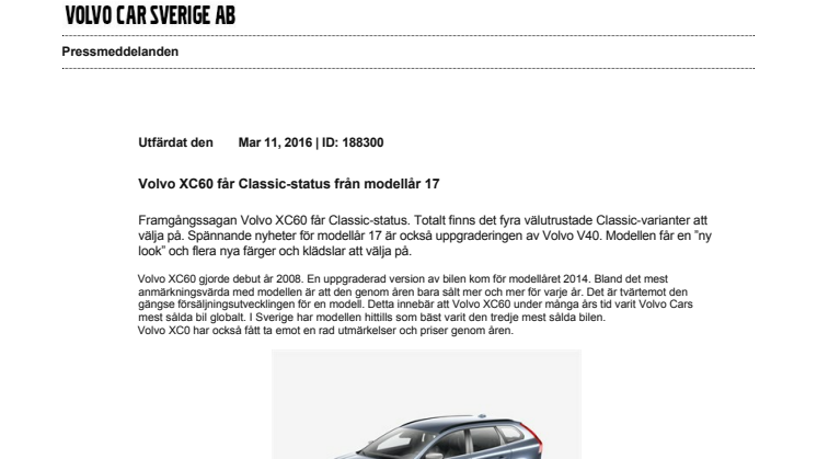 Volvo XC60 får Classic-status från modellår 17