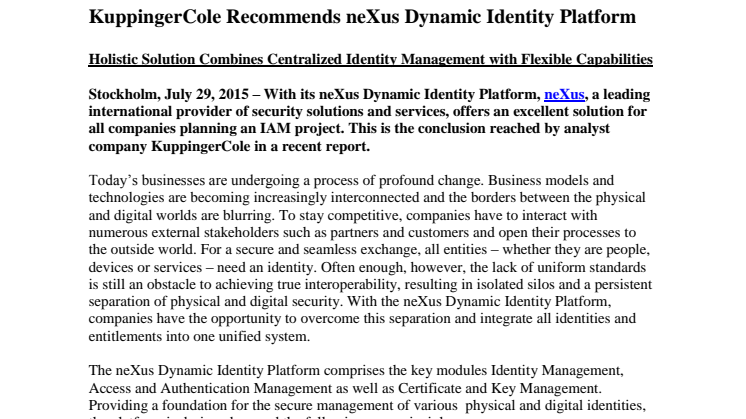 KuppingerCole Recommends neXus Dynamic Identity Platform