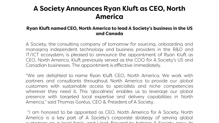 A Society tillkännager Ryan Kluft som VD, Nordamerika