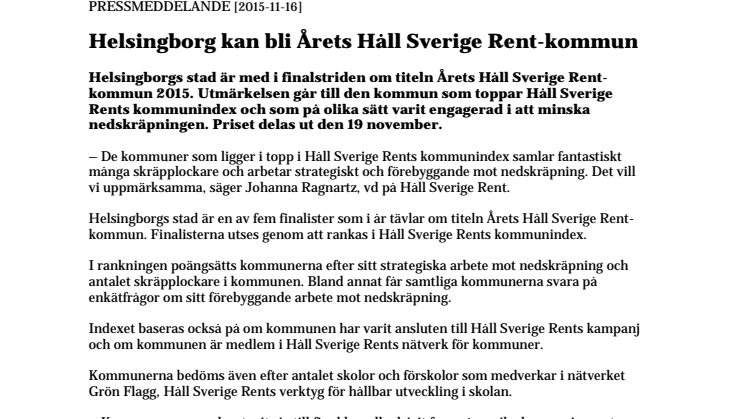 Helsingborg kan bli Årets Håll Sverige Rent-kommun