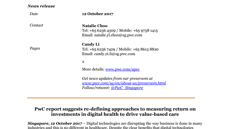 PwC report suggests re-defining approaches to measuring return on investments in digital health to drive value-based care 