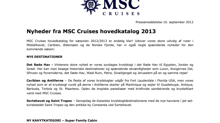 Nyheder fra MSC Cruises hovedkatalog 2013