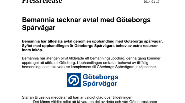 Bemannia tecknar avtal med Göteborgs Spårvägar 