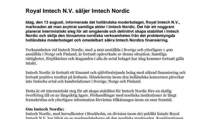 Royal Imtech N.V. säljer Imtech Nordic