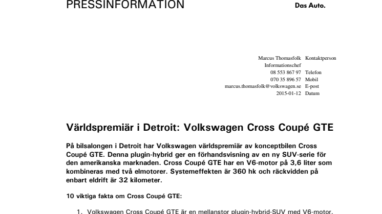 Världspremiär i Detroit: Volkswagen Cross Coupé GTE