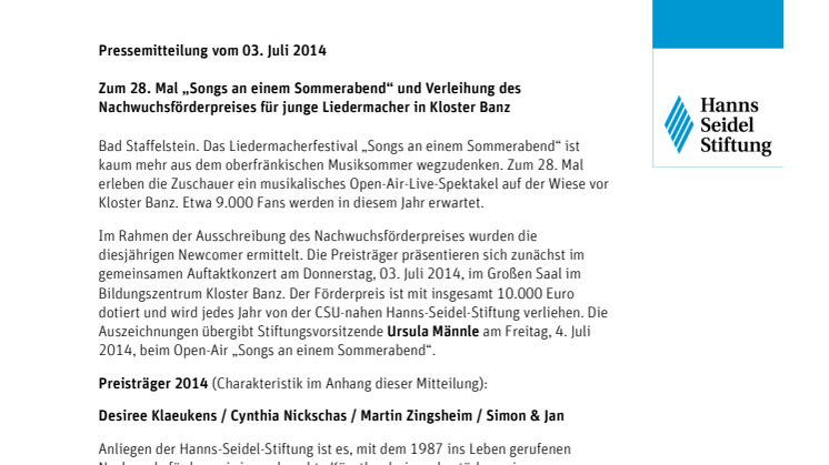 Zum 28. Mal „Songs an einem Sommerabend“ und Verleihung des Nachwuchsförderpreises für junge Liedermacher in Kloster Banz