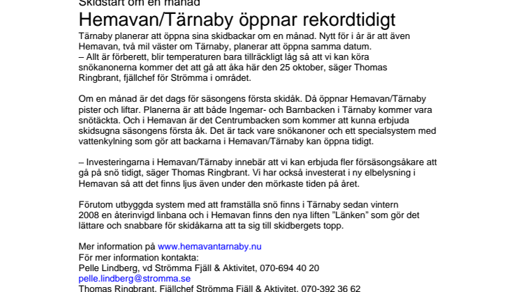 Hemavan/Tärnaby öppnar rekordtidigt