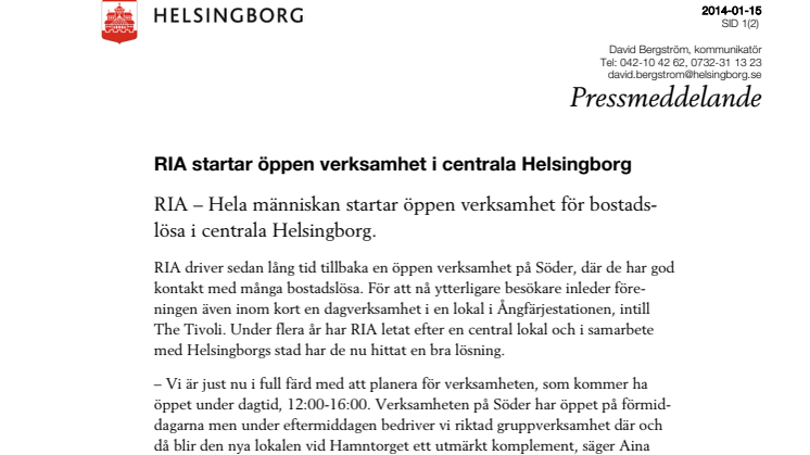 RIA startar öppen verksamhet i centrala Helsingborg
