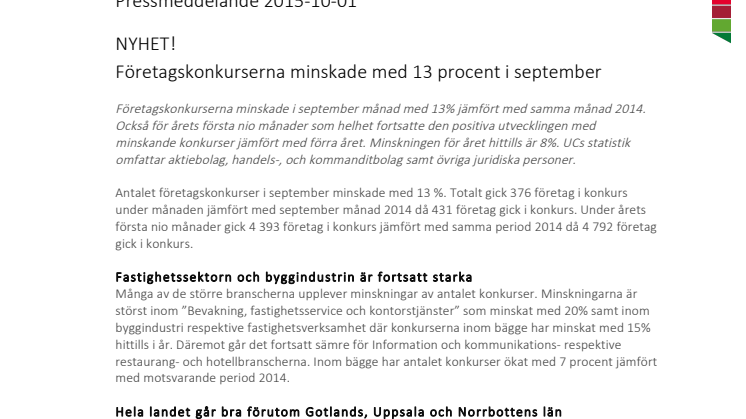 Företagskonkurserna minskade med 13 procent i september