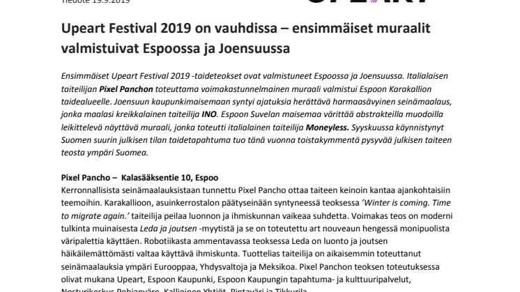 Upeart Festival 2019 on vauhdissa – ensimmäiset muraalit valmistuivat Espoossa ja Joensuussa