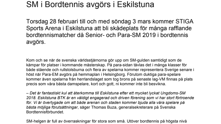 SM i Bordtennis avgörs i Eskilstuna