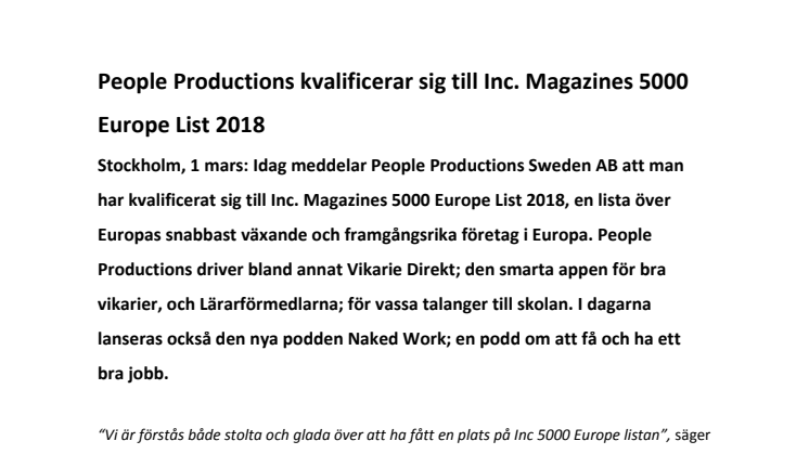 ​People Productions kvalificerar sig till Inc. Magazines 5000 Europe List 2018