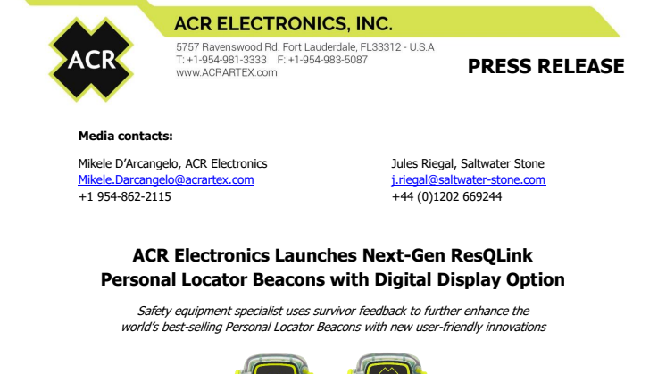 ACR Electronics Launches Next-Gen ResQLink Personal Locator Beacons with Digital Display Option
