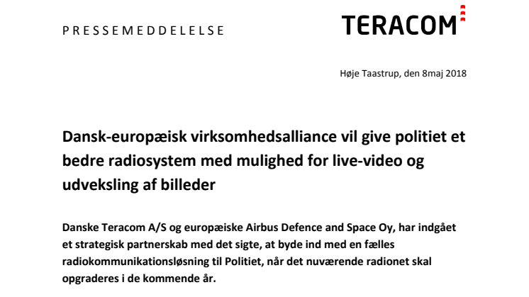 Teracom vil i alliance med Airbus tilbyde hybrid kommunikationsløsning til politi og beredskab 