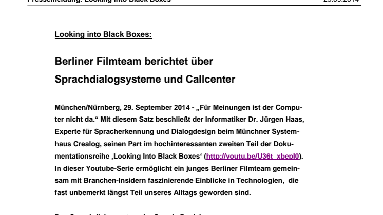 Looking into Black Boxes: Berliner Filmteam berichtet über Sprachdialogsysteme und Callcenter