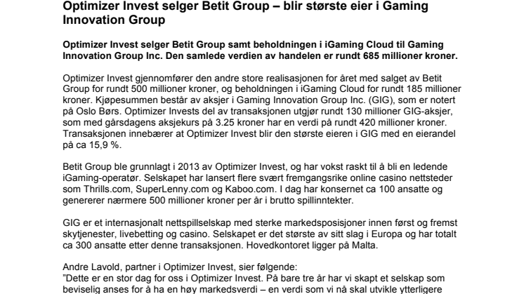 Optimizer Invest selger Betit Group – blir største eier i Gaming Innovation Group