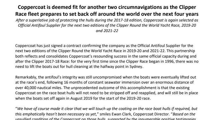 Coppercoat is deemed fit for another two circumnavigations as the Clipper Race fleet prepares to set back off around the world over the next four years
