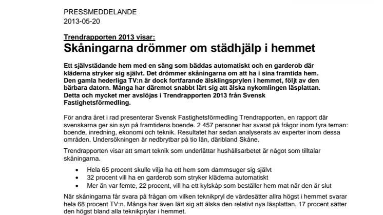 Trendrapporten 2013 visar: Skåningarna drömmer om städhjälp i hemmet