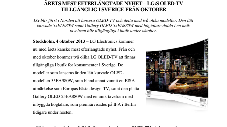 ÅRETS MEST EFTERLÄNGTADE NYHET – LG:S OLED-TV TILLGÄNGLIG I SVERIGE FRÅN OKTOBER