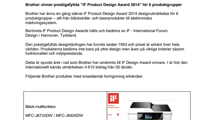 Brother vinner prestigefyllda ”iF Product Design Award 2014" för 6 produktgrupper