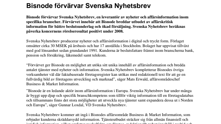 Bisnode förvärvar Svenska Nyhetsbrev