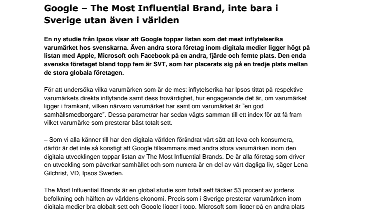 Google – The Most Influential Brand, inte bara i Sverige utan även i världen 
