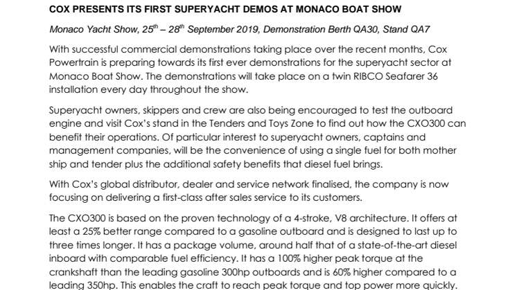Cox Presents its First Superyacht  Demos at Monaco Boat Show 