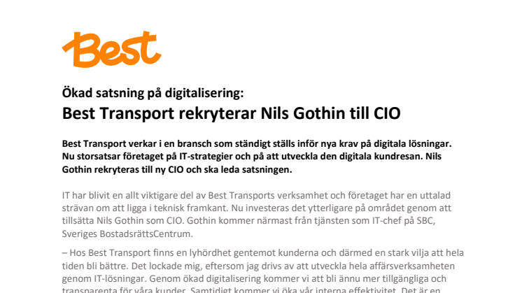 Best Transport rekryterar Nils Gothin till CIO