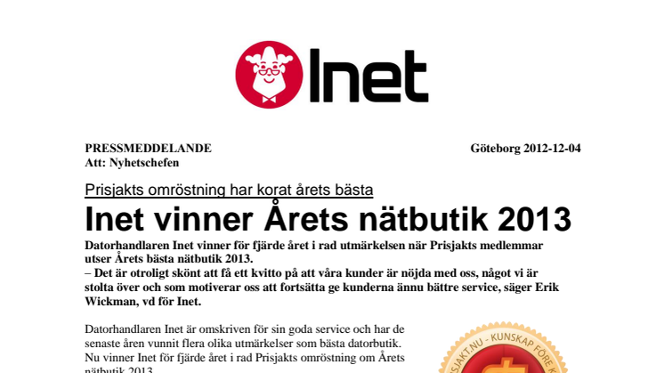 Prisjakt: Inet vinner Årets nätbutik 2013