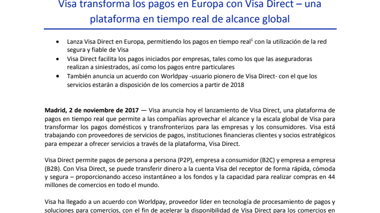 Visa transforma los pagos en Europa con Visa Direct – una plataforma en tiempo real de alcance global