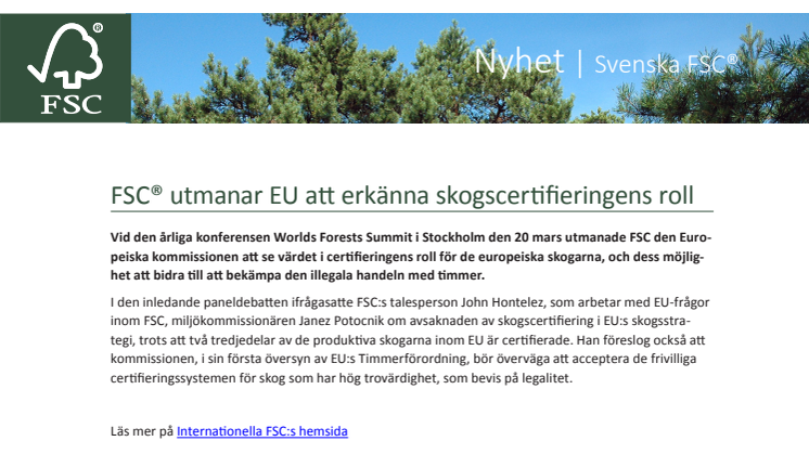 FSC® utmanar EU att erkänna skogscertifieringens roll