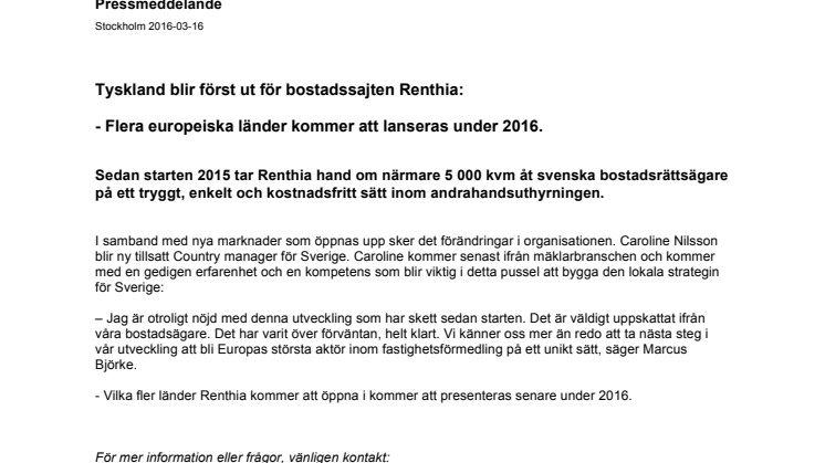Tyskland blir först ut för bostadssajten Renthia: - Flera europeiska länder kommer att lanseras under 2016.